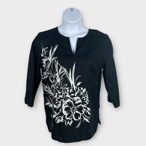 JM Collection Black Large White Floral Print V Neck Tunic Linen Blouse Size 14
